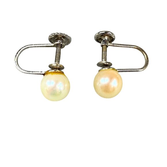 Vintage Screw Back Faux Pearl Earrings Silver-Tone Metal Women Simple Classics - Picture 1 of 13